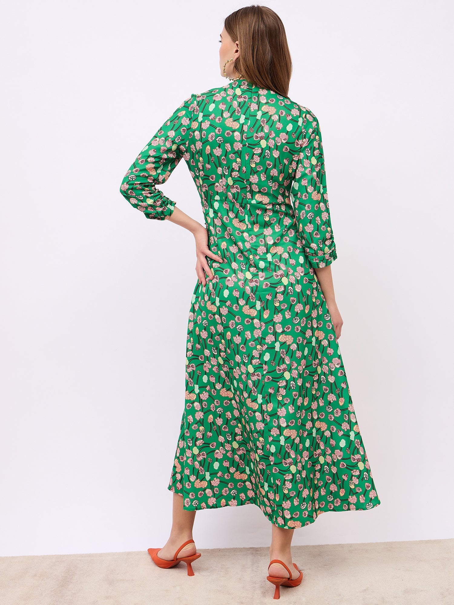 Women's Green Notch Collar Puff Sleeves A-Line Maxi Dress