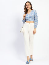 Women's Blue Casual Full Sleeve Abstract Print Lace Detailed V-Neck Cotton Top