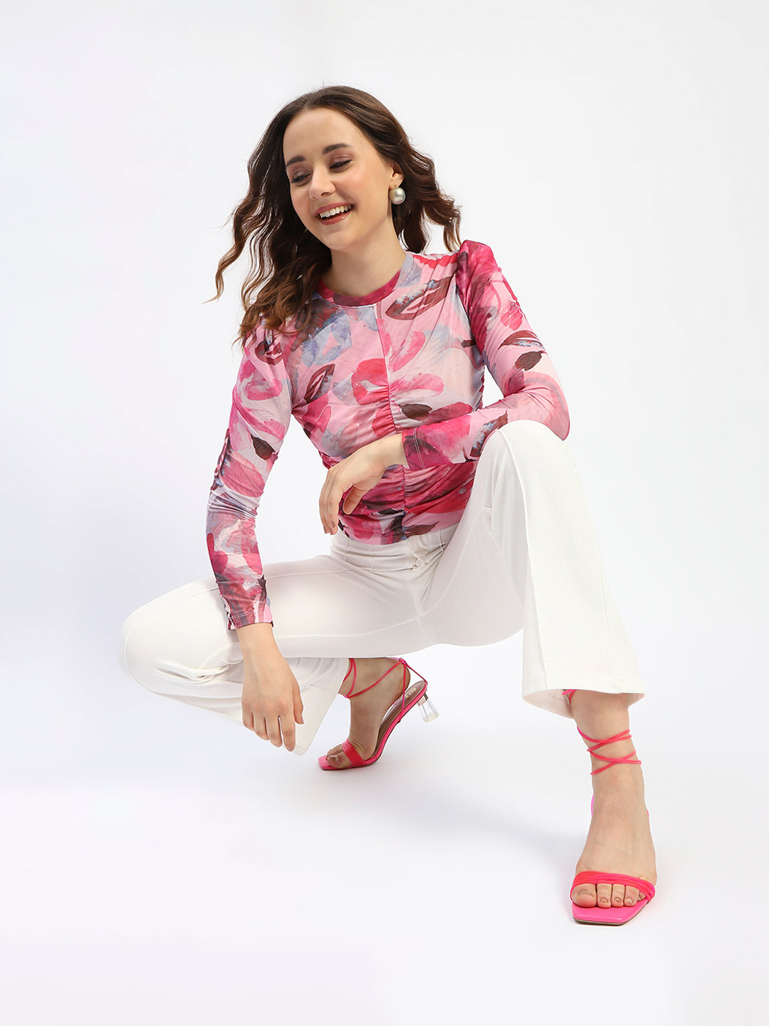 Women's Pink Casual Full Sleeve Ruched Floral Print Top