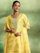 Women's Yellow Silk Blend Embroidered Yoke Design Straight Kurta and Trouser with Self Design Dupatta