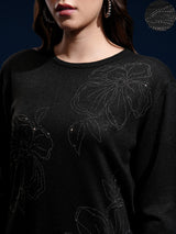 Women's Black Casual Striped Full Sleeves Sweater