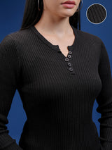 Women's Black Casual Solid Full Sleeves Sweater