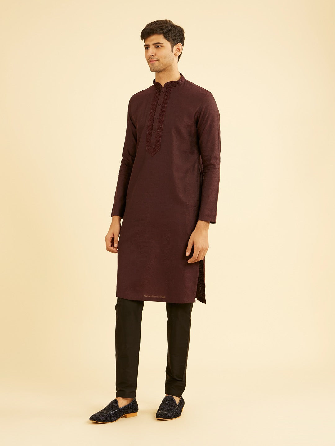 Men's Brown Ethnic Relaxed Fit Embroidered Full Sleeves Kurta Set