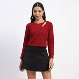 Women's Wine Embellished Shoulder Cutout Top