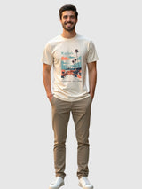 Men's Beige Half Sleeves Graphic Printed Cotton Tshirt