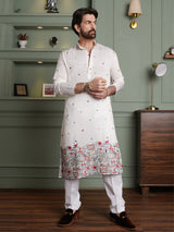 Men's White Full Sleeves Straight Embroidered Kurta