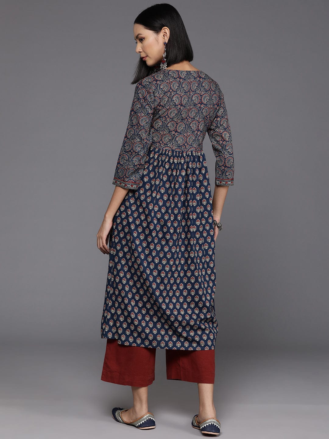 Women's Blue And Maroon Bandez Printed Anarkali Kurta