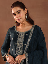 Women's Blue Ethnic Motif Embroidered Straight Kurta with Solid Trouser and Embellished Dupatta