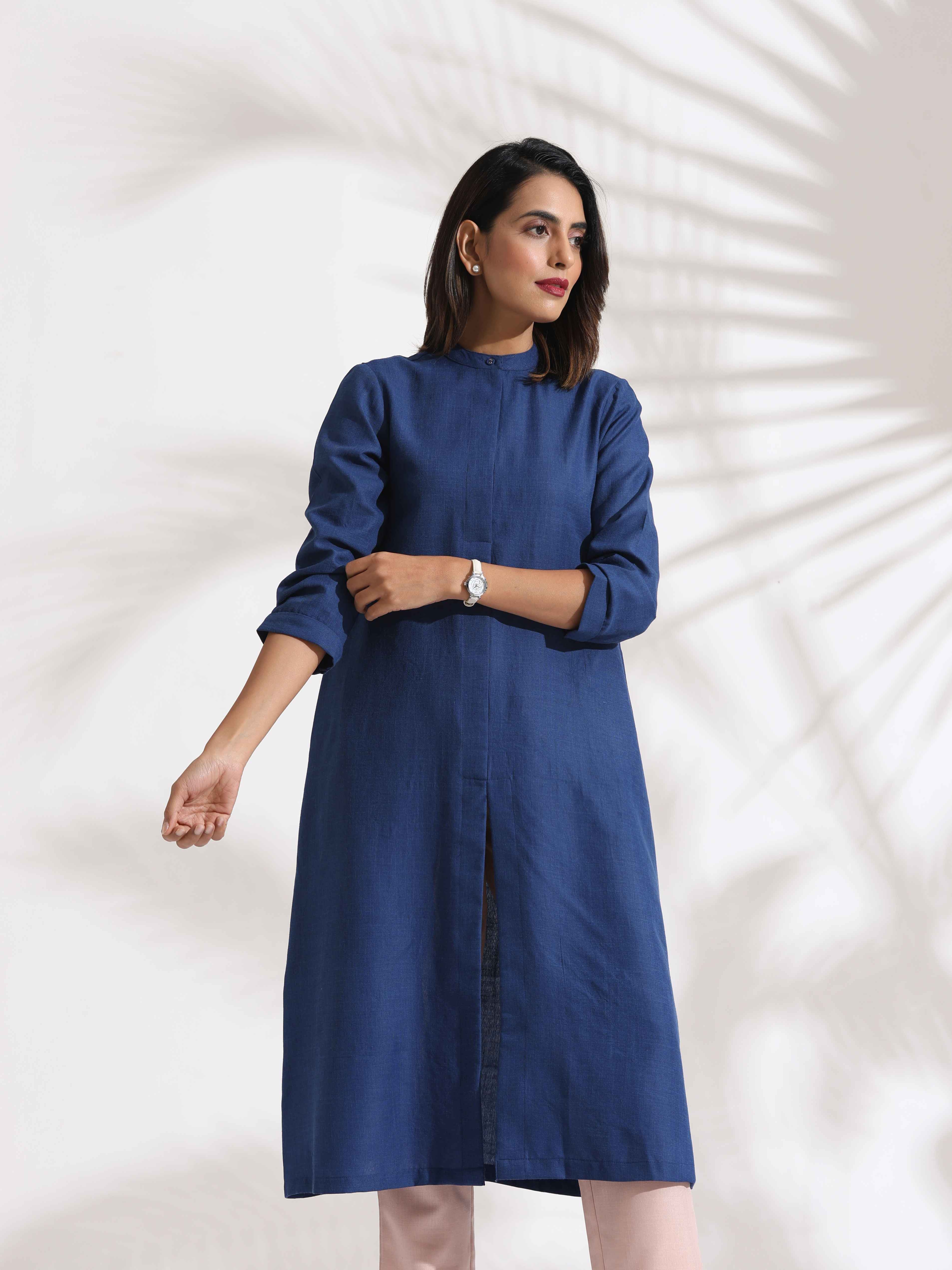 Women's Blue Slub Kurta Set