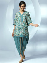 Women's Blue Floral Printed A-line Short Kurta With Printed Dhoti Pants