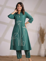 Women's Green Animal Motif Cord Work in Cotton Cambric Kurta Set