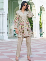 Women's Beige Embroidered Co-ord Set in Viscose Rayon
