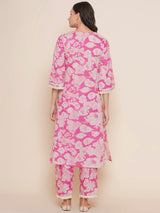 Women's Pink Floral Printed Panelled A-Line Kurta with Trouser