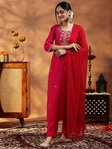 Women's Pink Floral Embroidered Straight Kurta with Solid Trouser and Poly Chiffon Self Design Dupatta