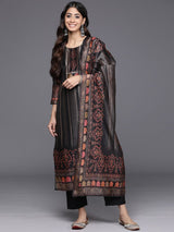 Women's Black Ethnic Motifs Printed Straight Kurta Paired With Tonal Solid Bottom And Printed Dupatta