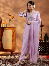 Women's Purple Floral Embroidered Straight Kurta with Solid Trouser and Poly Chiffon Self Design Dupatta