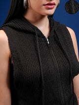 Women's Black Casual Self-Design Sleeveless Sweater