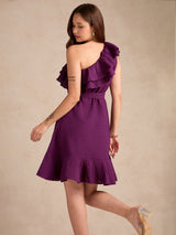 Women's Purple Soft Ruffle One Shoulder Dress