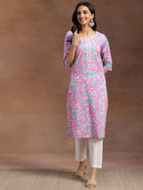 Women's Pink Floral Printed Straight Cotton Kurta