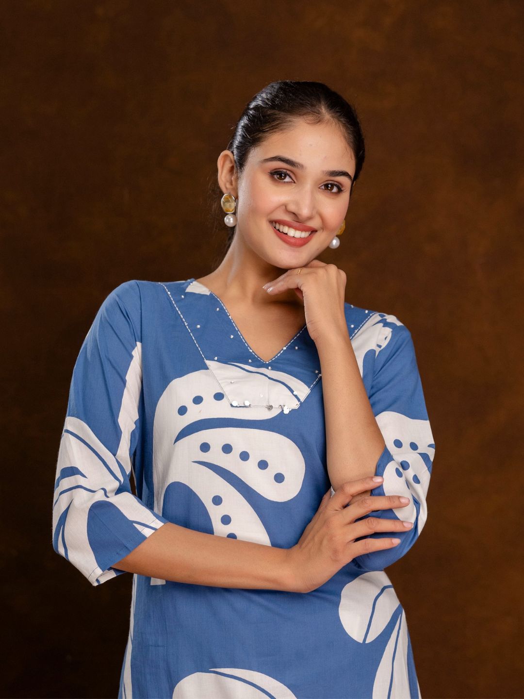 Women's Blue Tropical Leaf A-line Kurta Set