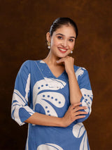Women's Blue Tropical Leaf A-line Kurta Set