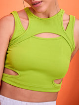 Women's Green Casual Sleeveless Stretchable with Front Cut Outs Ribbed Top