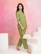 Women's Parrot Green Cotton Flex Co-Ord Set with Mandarin Collar & Stitched Button Details