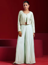 Women's Sea Green Solid Crop Top and Wide Leg Palazzos With Short Jacket