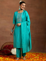 Women's Teal Blue Embroidered Straight Kurta and Teal Blue Solid Trouser with Blue Self Design Dupatta