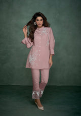 Women's Pink Work Regular Fit Embroidered Three Quarter Sleeves Co-Ord Sets