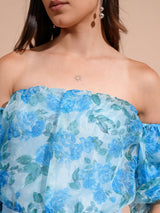 Women's Blue Party Floral Half Sleeves Jumpsuit