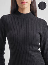 Women's Black Casual Self-Design Full Sleeves Sweater