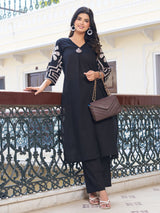 Women's Solid Black Cotton Slub with Tribal Embroidered Sleeves Kurta Set