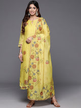 Women's Yellow Round Neck Floral Printed Embroidered Kurta Set