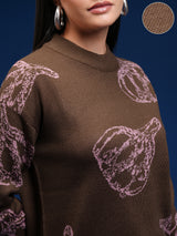 Women's Brown Casual Self-Design Full Sleeves Sweater