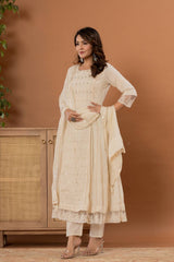 Women's Floral Embroidered Panelled Mirror Work Pure Cotton Kurta With Trousers & Dupatta