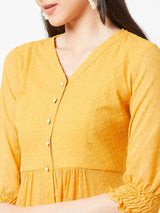 Women's Mustard Yellow V-Neck Three Quarter Sleeves Solid Empire Maxi Top