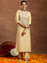 Women's Beige Silk Blend Yoke Design Kurta and Beige Silk Blend Solid Trouser with Both Side Pocket