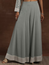 Women's Grey Ethnic Motif Embroidered Georgette Top with One Side Extended Sleeve and Solid Wide Leg Palazzo