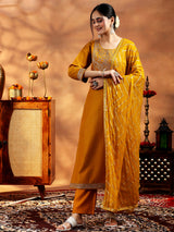 Women's Yellow Zari Embroidered Paisley Kurta with Solid Trouser and Poly Chiffon Self Design Dupatta