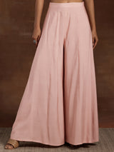 Women's Pink Solid Crop Top with Solid Wide Leg Palazzos and Floral Embroidered Long Shrug