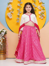 Girls White and Pink Ethnic Printed Three Quarter Sleeves Choli and Lehenga with Dupatta