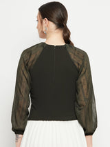 Women's Olive Casual Full Sleeve Sheer Top