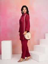 Women's Red Embroidered Viscose Rayon Co-ord Set