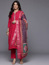 Women's Pink Round Neck Embroidered Kurta Paired With Tonal Bottom & Printed Dupatta