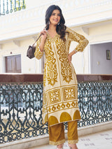 Women's Mustard Block Print with Kauri Embellishment Kurta Set