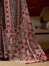 Women's Crepe Black Printed Designer Saree with Blouse Piece