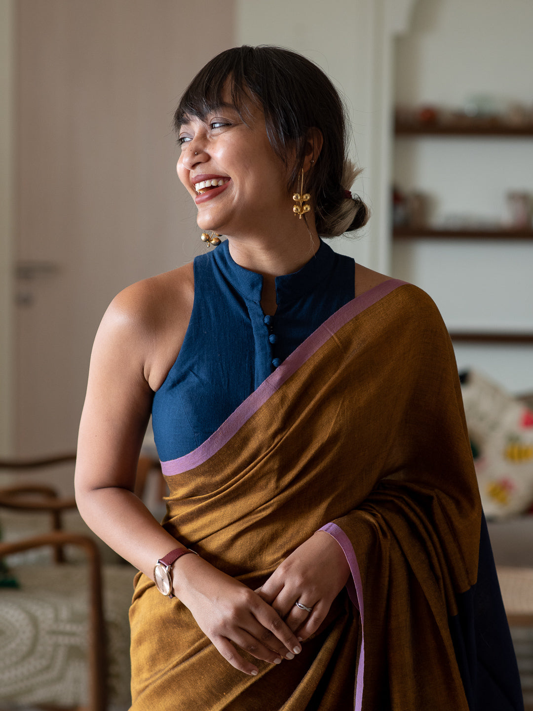 Women's Yellow Cotton Blend Saree