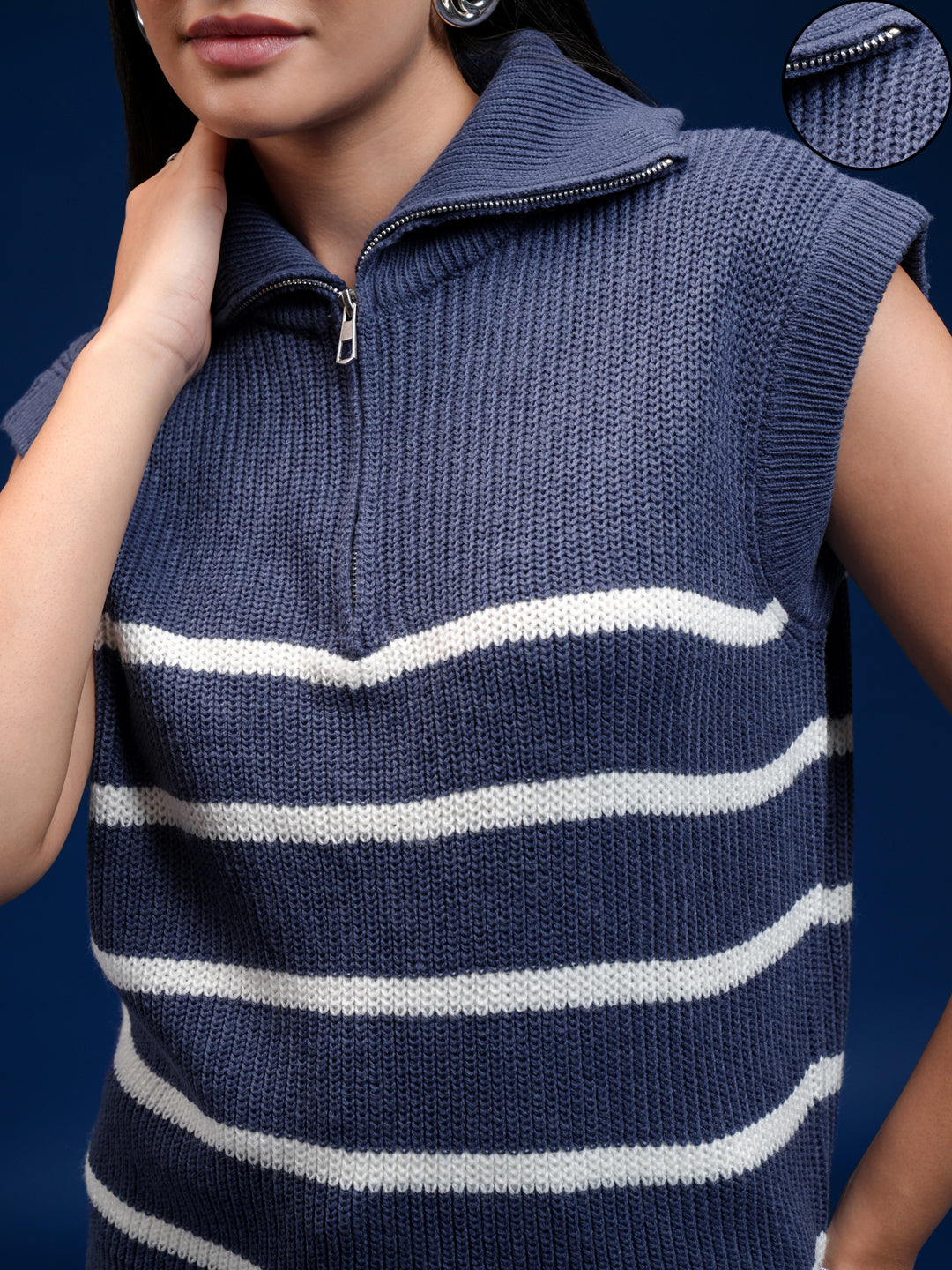 Women's Blue Casual Striped Sleeveless Sweater