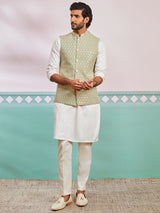 Men's Green Rayon Floral Embroidered Full Sleeves Nehru Jacket